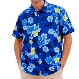 Nautica Button Down Mens XL‎ Blue Tropical Hibiscus Floral Seersucker Shirt